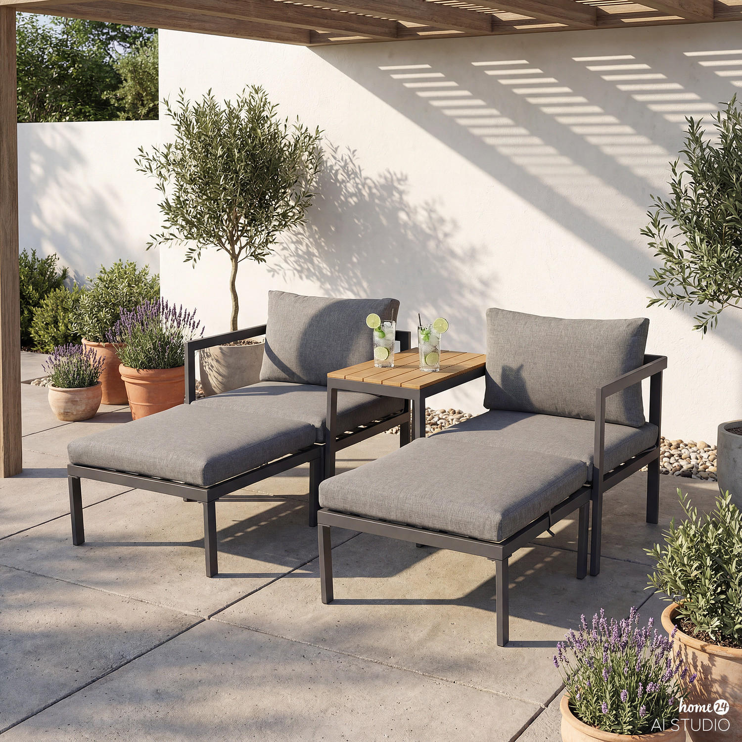 MODULARES LOUNGESET - 5-teilig - Stahl / Olefin - Grau - Grau, Kunststoff/Textil - home24