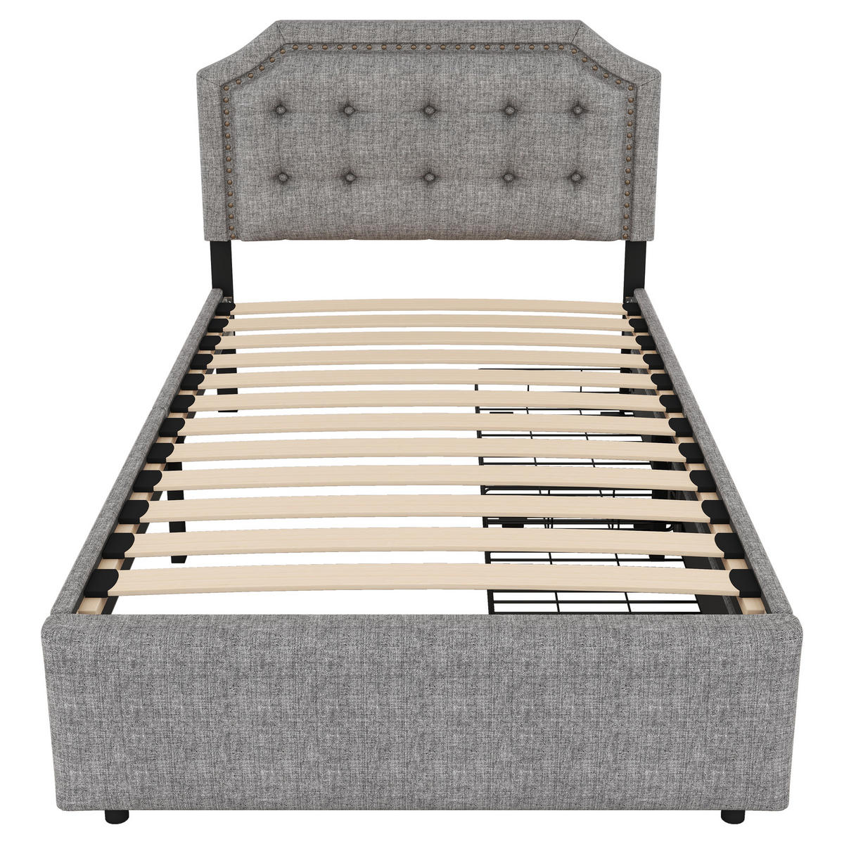 POLSTERBETT 90/200 cm grau mit Aufbewahrung und verstellbarem Nachttisch - Grau, Textil (90/200cm) - OKWISH