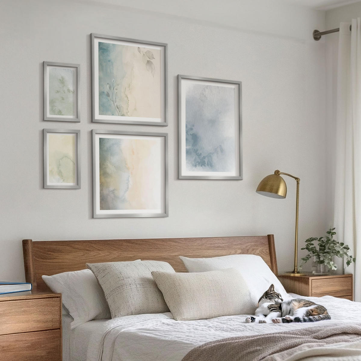 BILDER SET 5er Set - 50x50 cm & 20x30 cm & 40x60 cm Silberner Rahmen - Pastellfarbene Aquarell-Leinwandtextur - Silberfarben, Kunststoff (40/60cm) - TULUP