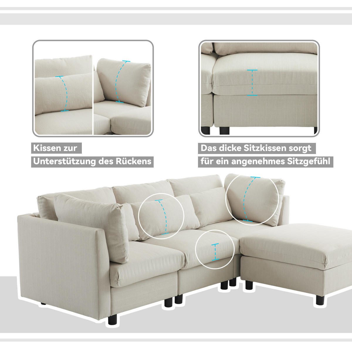 ECKSOFA L-Form Dreisitzer mit Fußhocker Modern Polster Beige - Beige, Holz (76/76cm) - FLIEKS