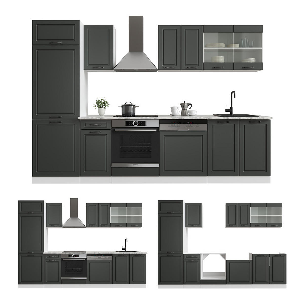KÜCHENZEILE R-Line Anthrazit Landhaus/Weiß 300 cm ohne AP - Anthrazit/Weiß, Holzwerkstoff (300/81.6/46cm) - Vicco