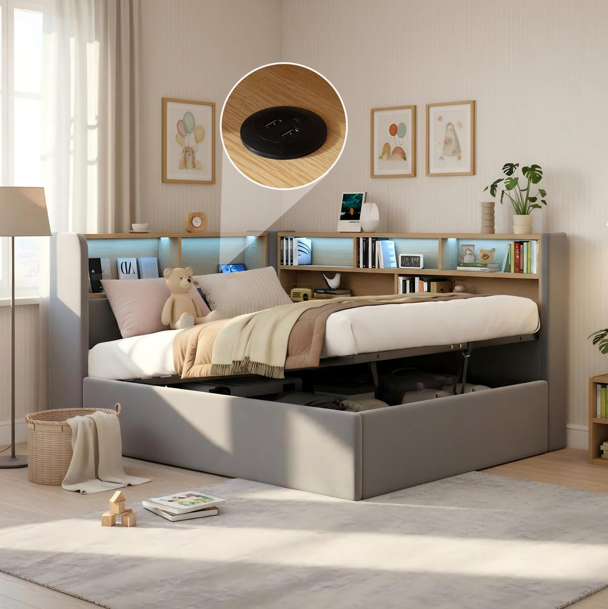 DENNÁ posteľ 90/200 cm sivá zo zamatu s hydraulickým úložným priestorom, LED a USB-C - sivá, textil (90/200cm) - OKWISH