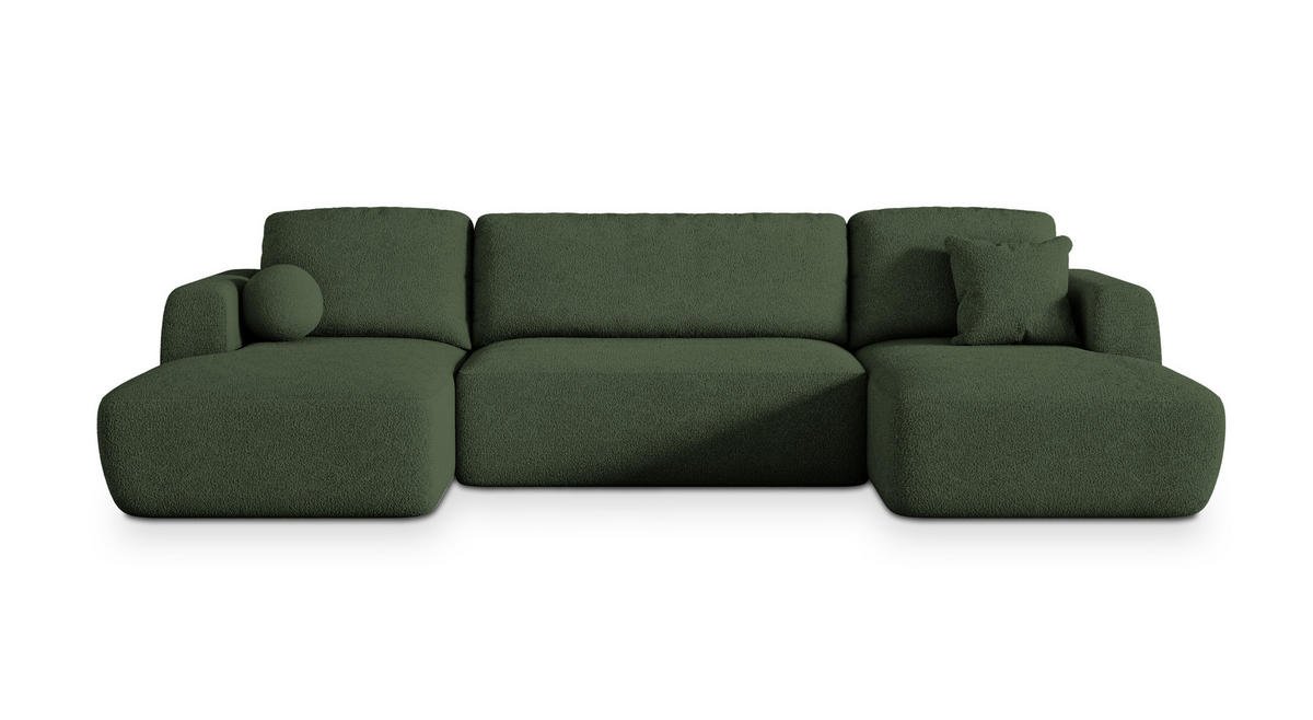 WOHNLANDSCHAFT SENTUM N Grün Boucle-Stoff mit Schlaffunktion - Grün, Holz (330/90/148cm) - MASSENO