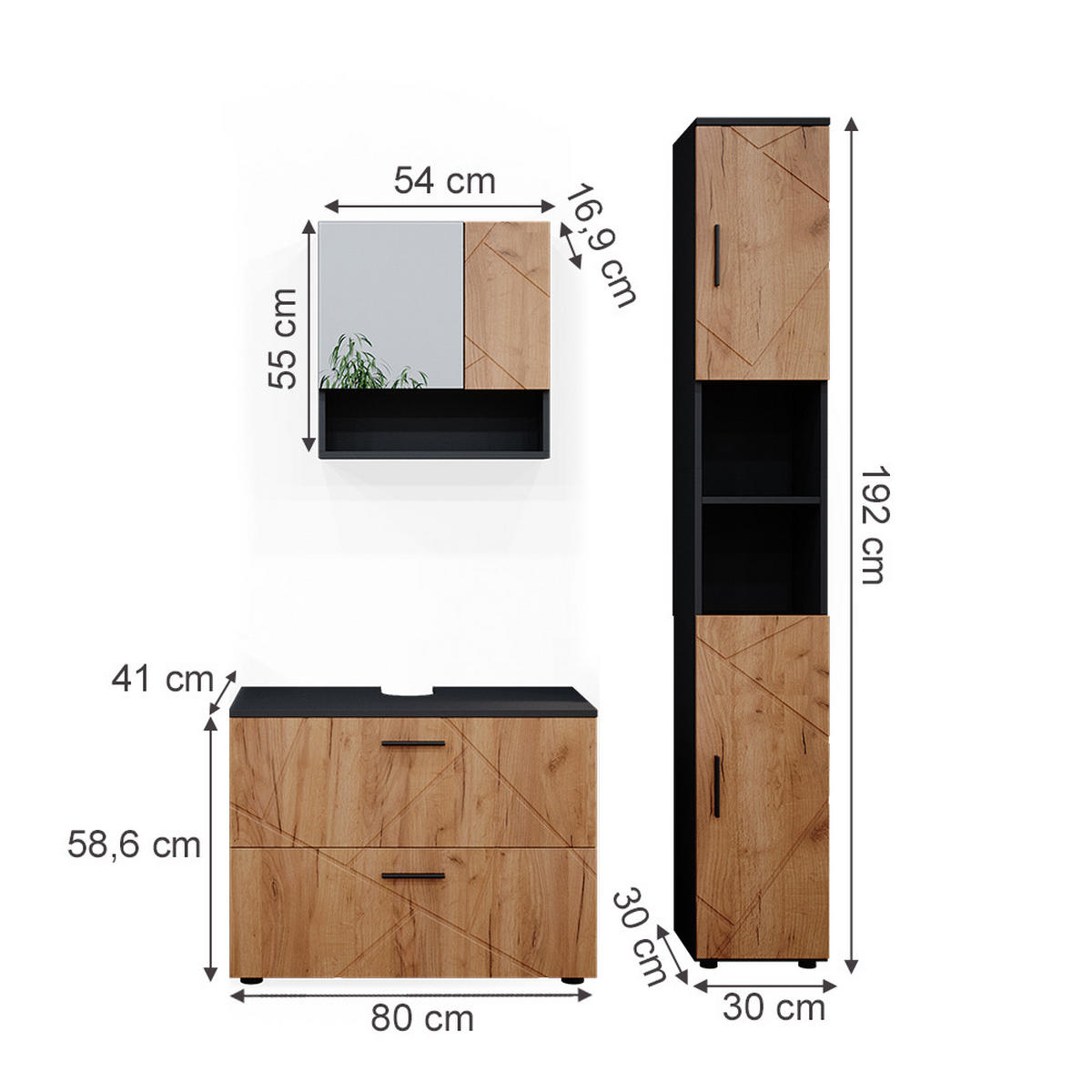 BADMÖBEL-SET Irma Goldkraft Eiche/Anthrazit 3 Teile, mit Schubladenschrank und Hochschrank - Honigeiche/Anthrazit, Holzwerkstoff (80/58.6/41cm) - Vicco