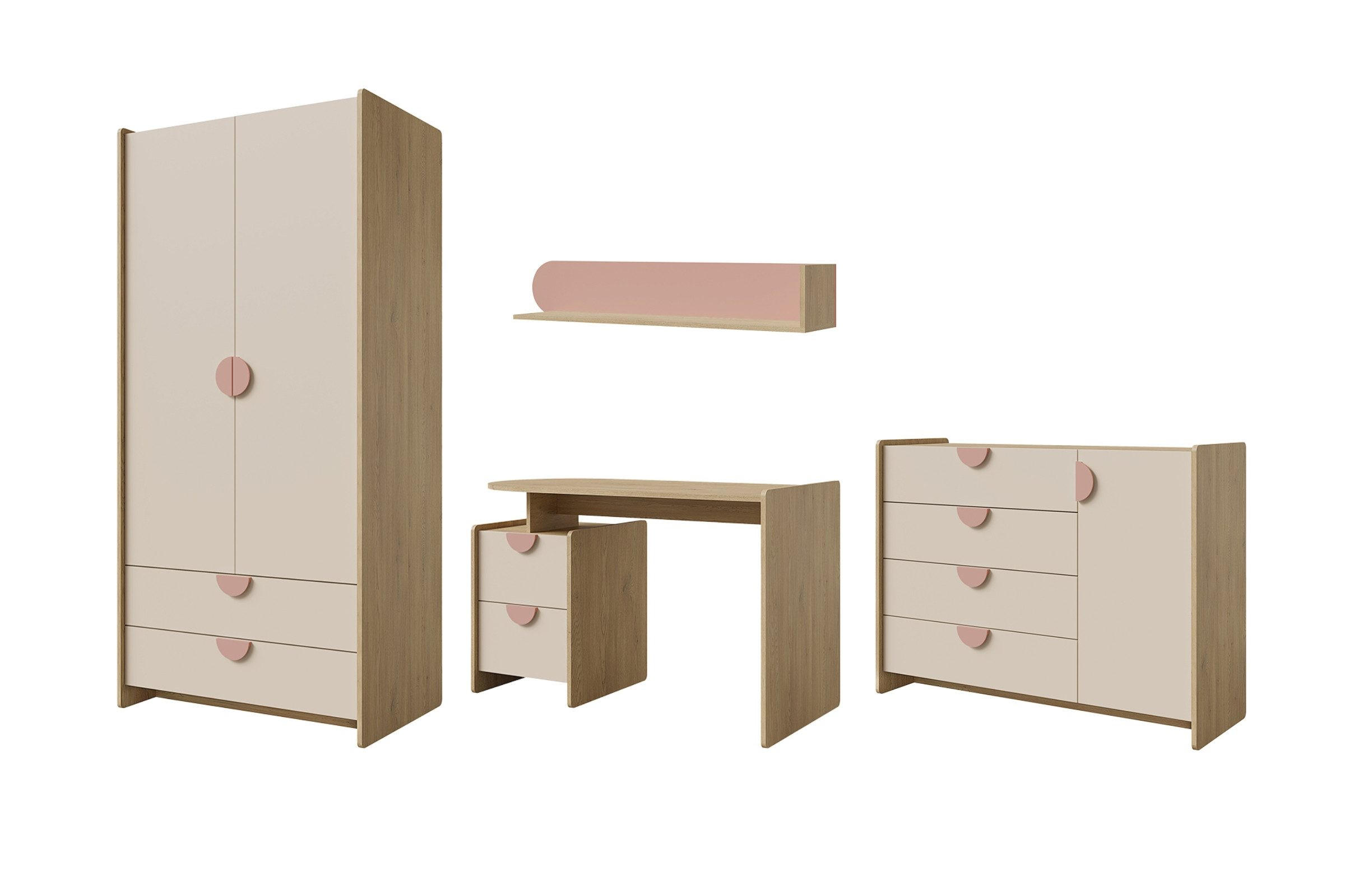 JUGENDZIMMER LEXO A 4-teilig in Eiche Cremona/Macadamia/Puderrosa - Eichefarben/Beige, Holzwerkstoff (326/198/60cm) - Deine Möbel 24
