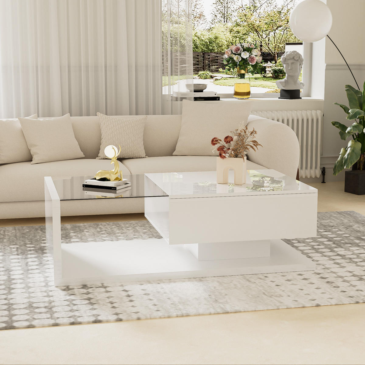 COUCHTISCH LED 105x55x32,5 cm, Glas, Schublade, Weiß - Weiß, Holz (55/105/32cm)