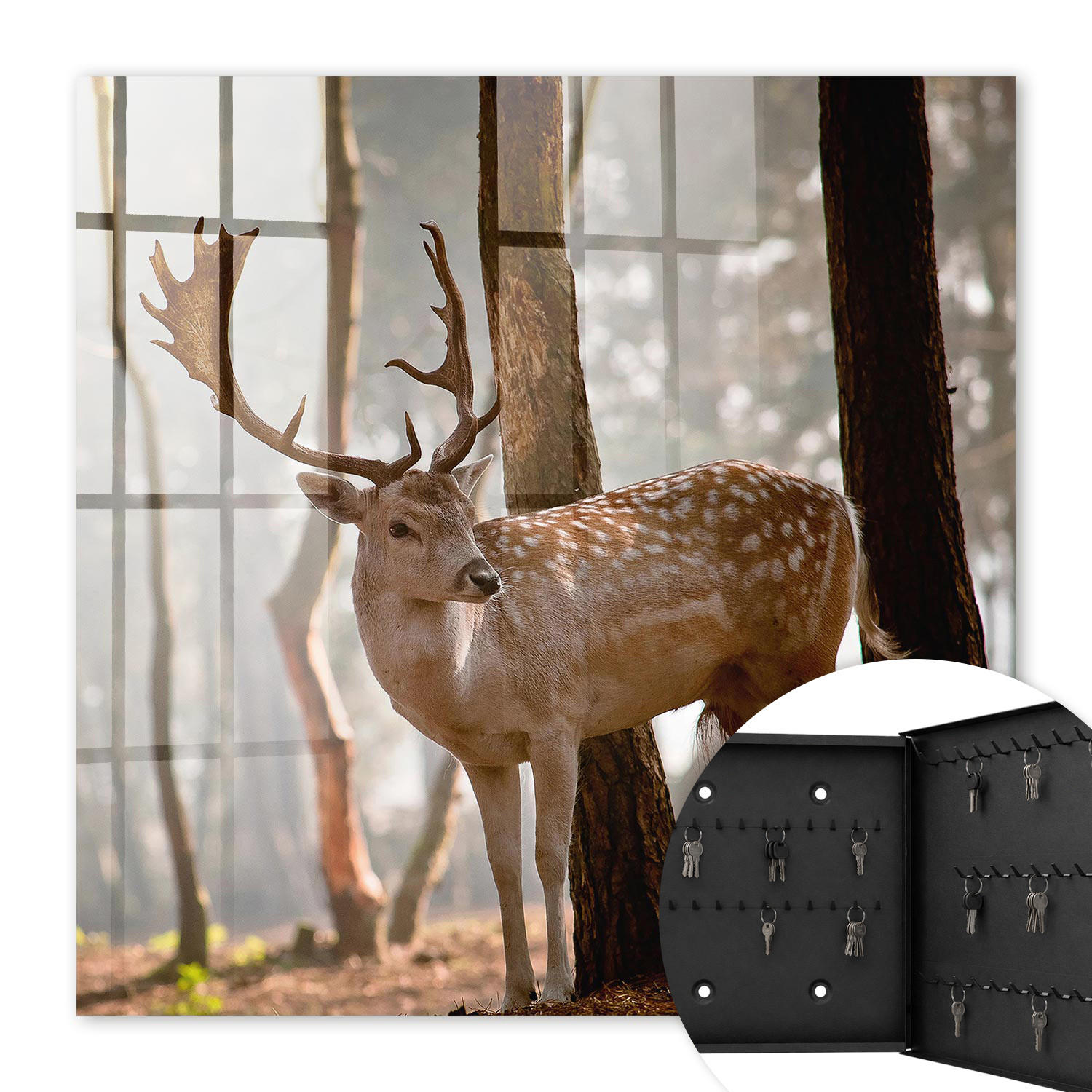 SCHLÜSSELBOX Schwarz 30x30 cm- Türöffnung nach rechts - Hirsche im Wald - Braun, Metall (30/30/5cm) - TULUP