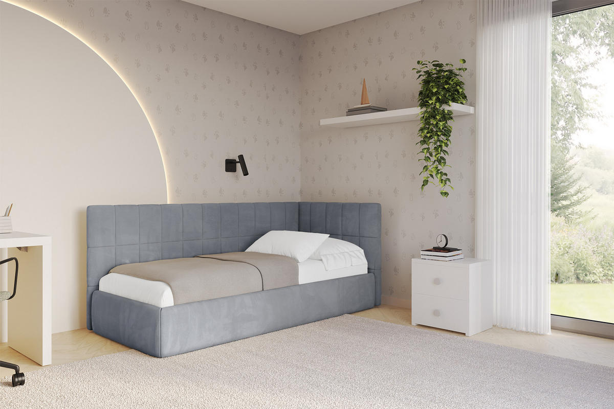 EINZELLBETT Jugendbett mit Bettkasten und Matratze H3/H4, Links - TULY 90x200 Grau - Grau, Holzwerkstoff/Textil (90/200cm) - ALTDECOR