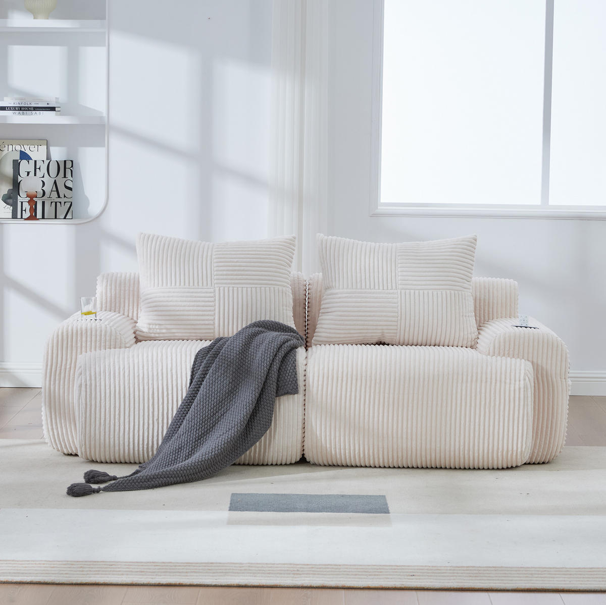2-SITZER 200/99/80 cm Beige aus Cord mit Cupholder - Beige, Textil (99/80/200cm) - OKWISH