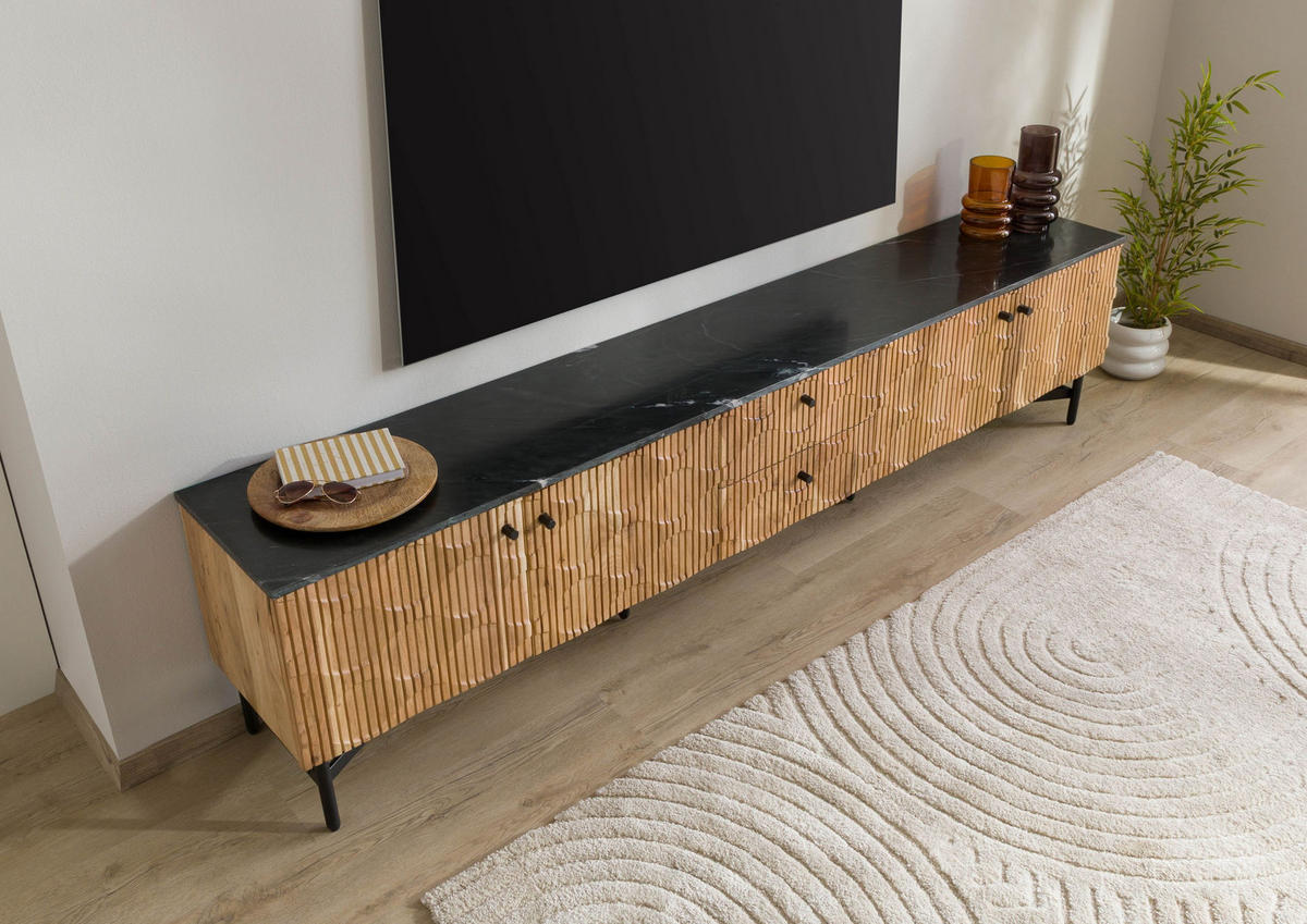 TV-BOARD Akazie 240x40x55 natur lackiert / Marmor schwarz LONDON #107 - Naturfarben, Holz (40/55/240cm) - Massivmoebel24