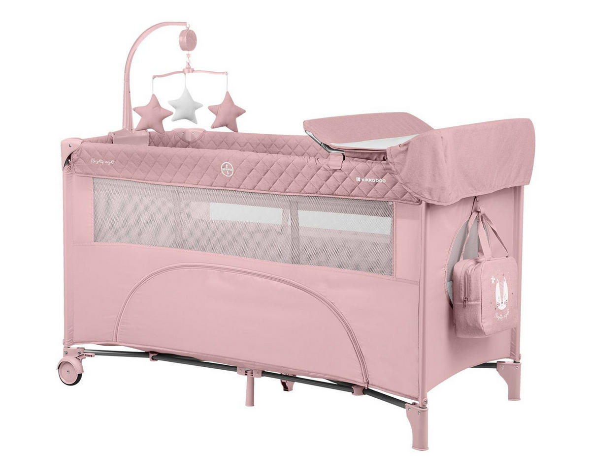 REISEBETT Nighty Night rosa 2 Ebenen, Spielbogen, 2 Räder, Wickelauflage - Rosa, Kunststoff (60/120cm) - Kikka boo