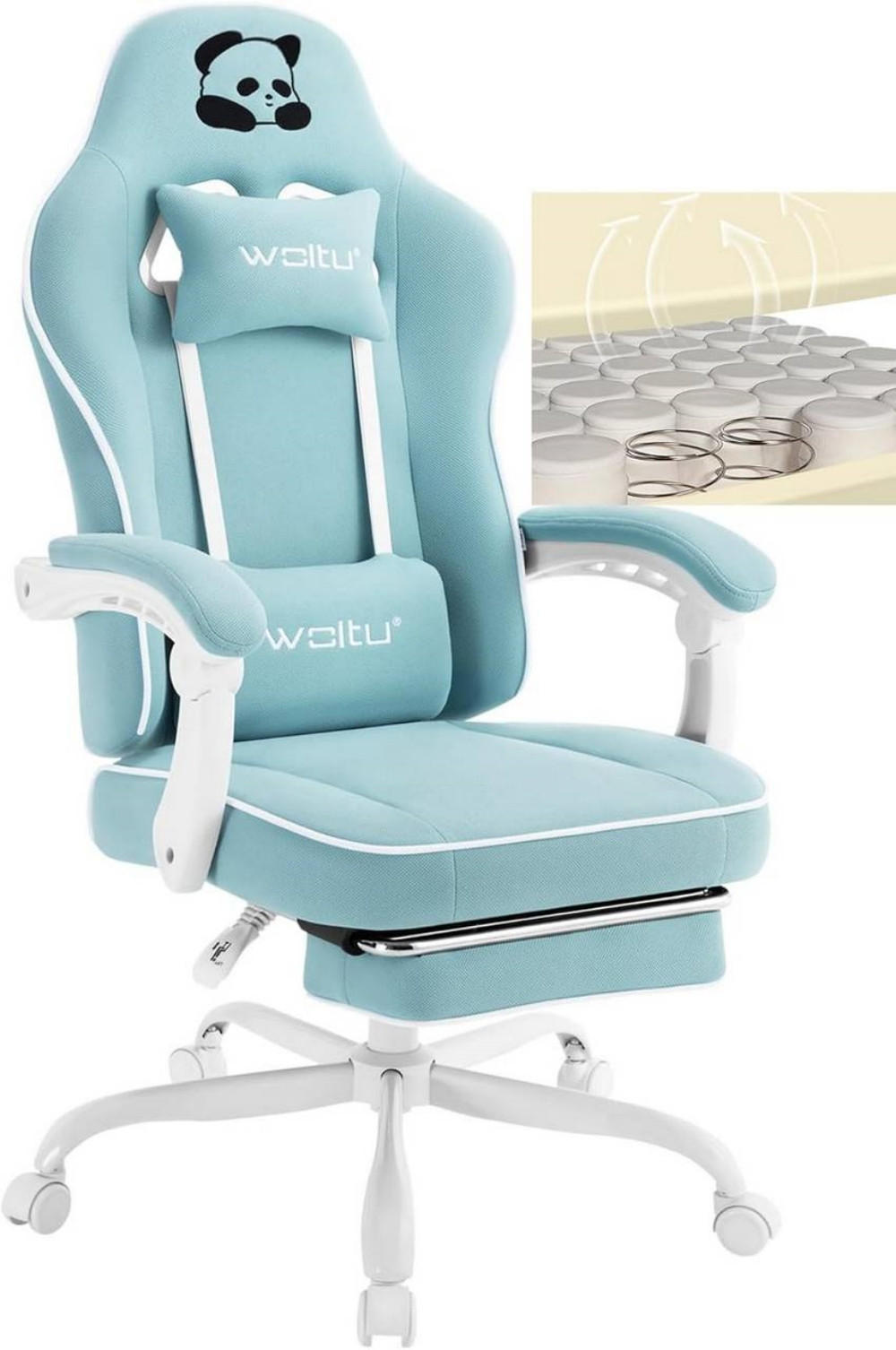 GAMINGSTUHL mit Taschenfederkissen, Netzstoff, Hellblau - Weiß/Hellblau, Textil/Metall (70/125.5/70cm) - Woltu