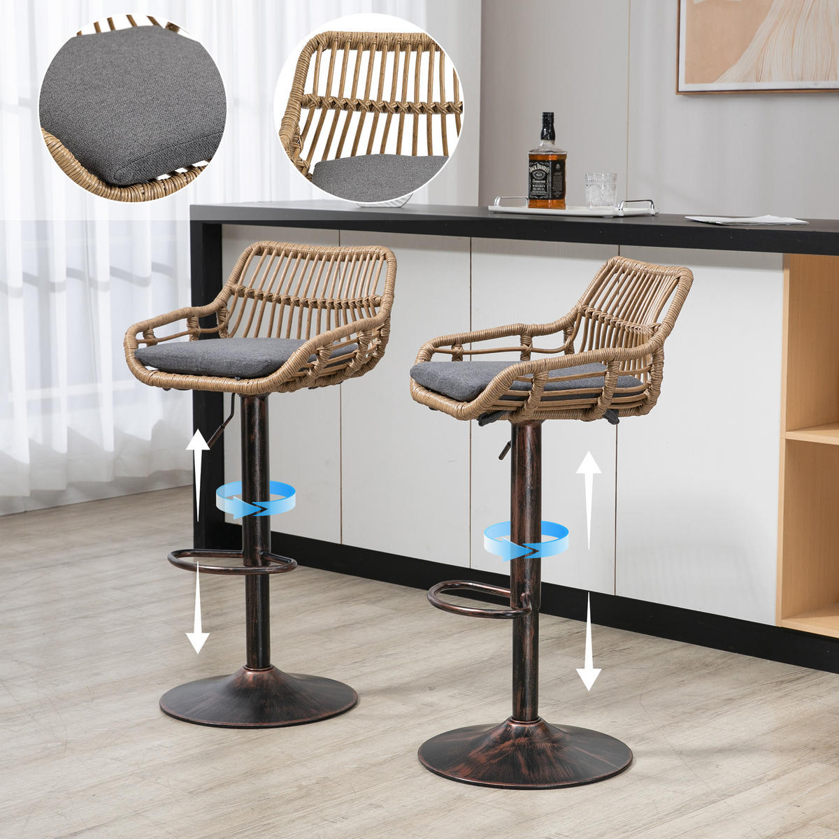 BARHOCKER 2er Set Höhenverstellbar, 360° drehbar, Fußstütze, Grau - Grau, Metall (49/109/48cm) - PARAFTA HOME