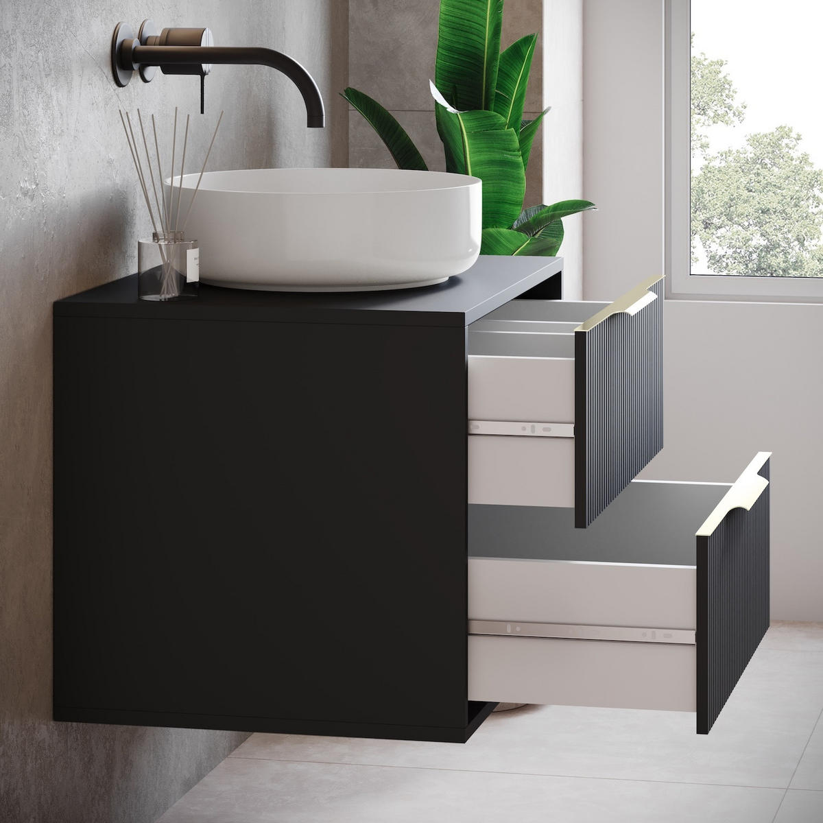 WASCHBECKENUNTERSCHRANK Rimini 2 Schubladen Schwarz Matt - 60 x 46 x 46 cm - Schwarz, Holz (60/46/46cm) - Badplaats