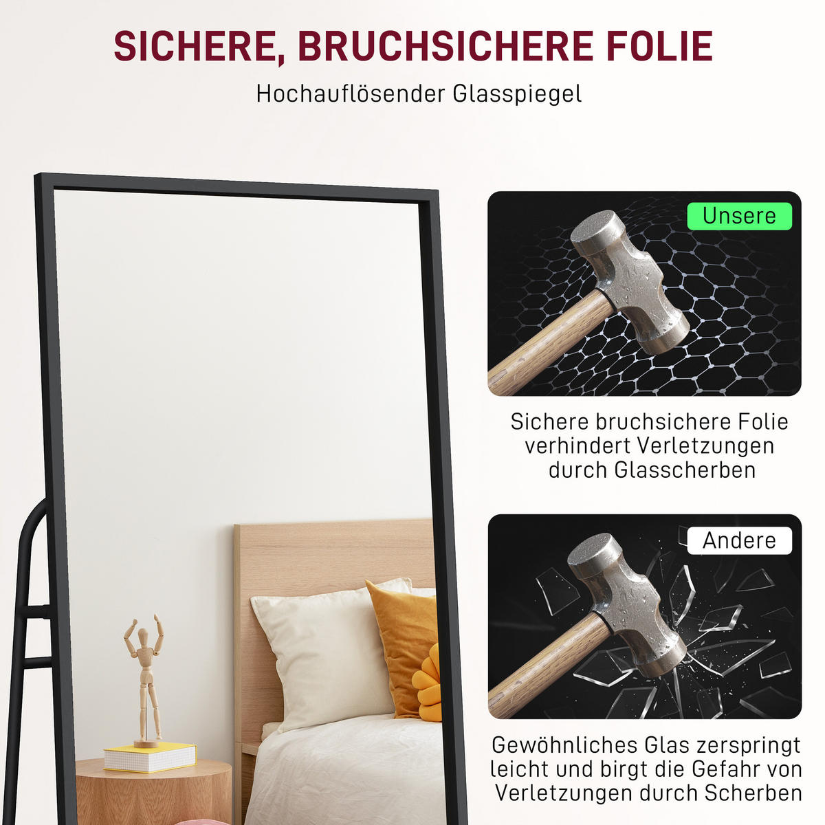 GANZKÖRPERSPIEGEL 157 x 50 cm Rechteckig Standspiegel mit Regal, 2 Haken Schwarz - Schwarz, Metall (38/157/50cm) - HOMCOM