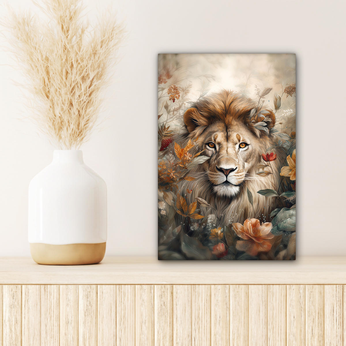 LEINWANDBILD Löwe - Wildtiere - Pflanzen - Natur - Blumen 20x30 cm - Beige, Textil (20/30cm) - MuchoWow