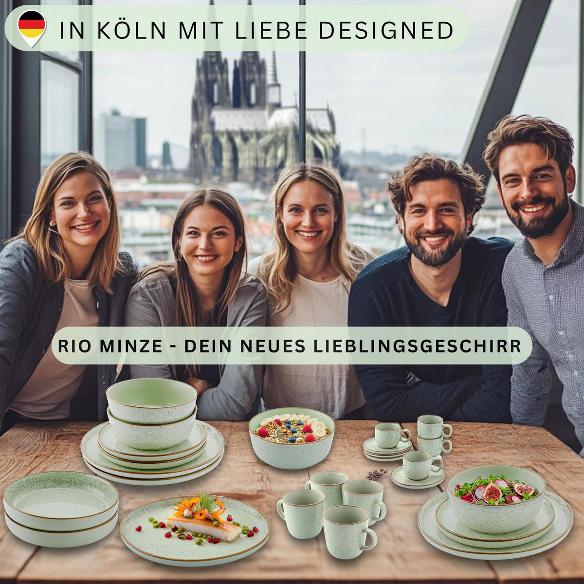 TAFELSERVICE RIO MINZE - 36 teilig aus Steingut 12 Personen - Mintgrün, Stein (50/30/80cm) - Sänger