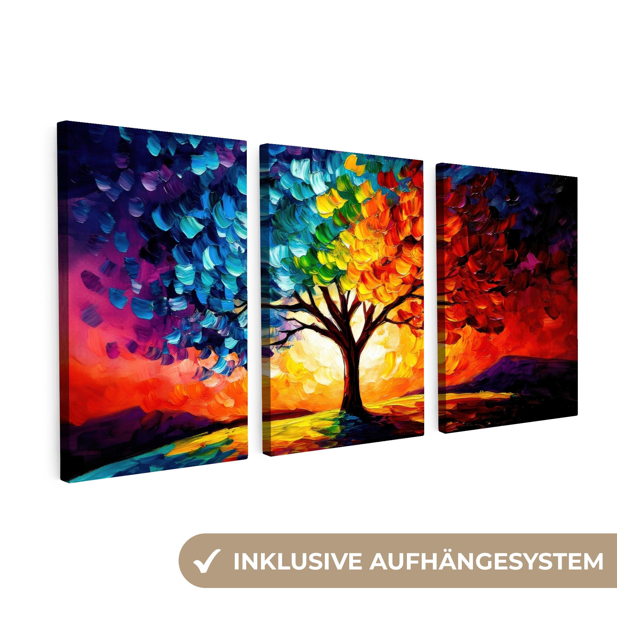 OBRAZ NA PLÁTNĚ 3dílná sada Strom - barevný - vzhled barvy - abstraktní 120x60 cm - různobarevná, textil (120/60cm) - MuchoWow