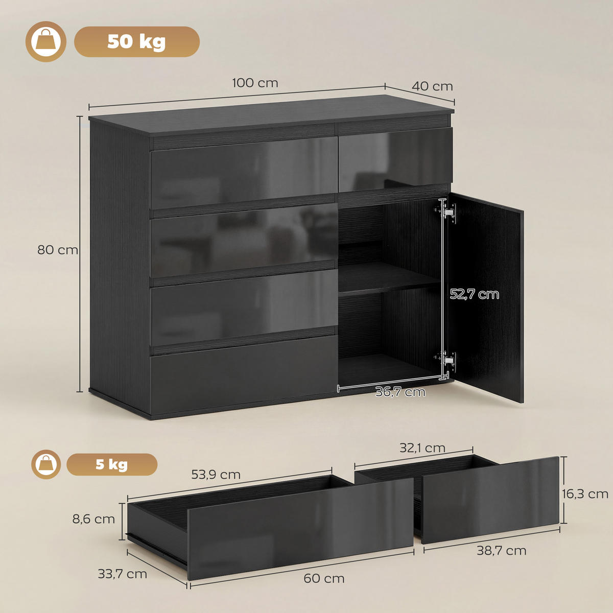 SIDEBOARD Schwarz Hochglanz mit 5 Schubladen und Soft-Close-Tür - Schwarz, Holzwerkstoff (100/80/40cm) - PANGIVO