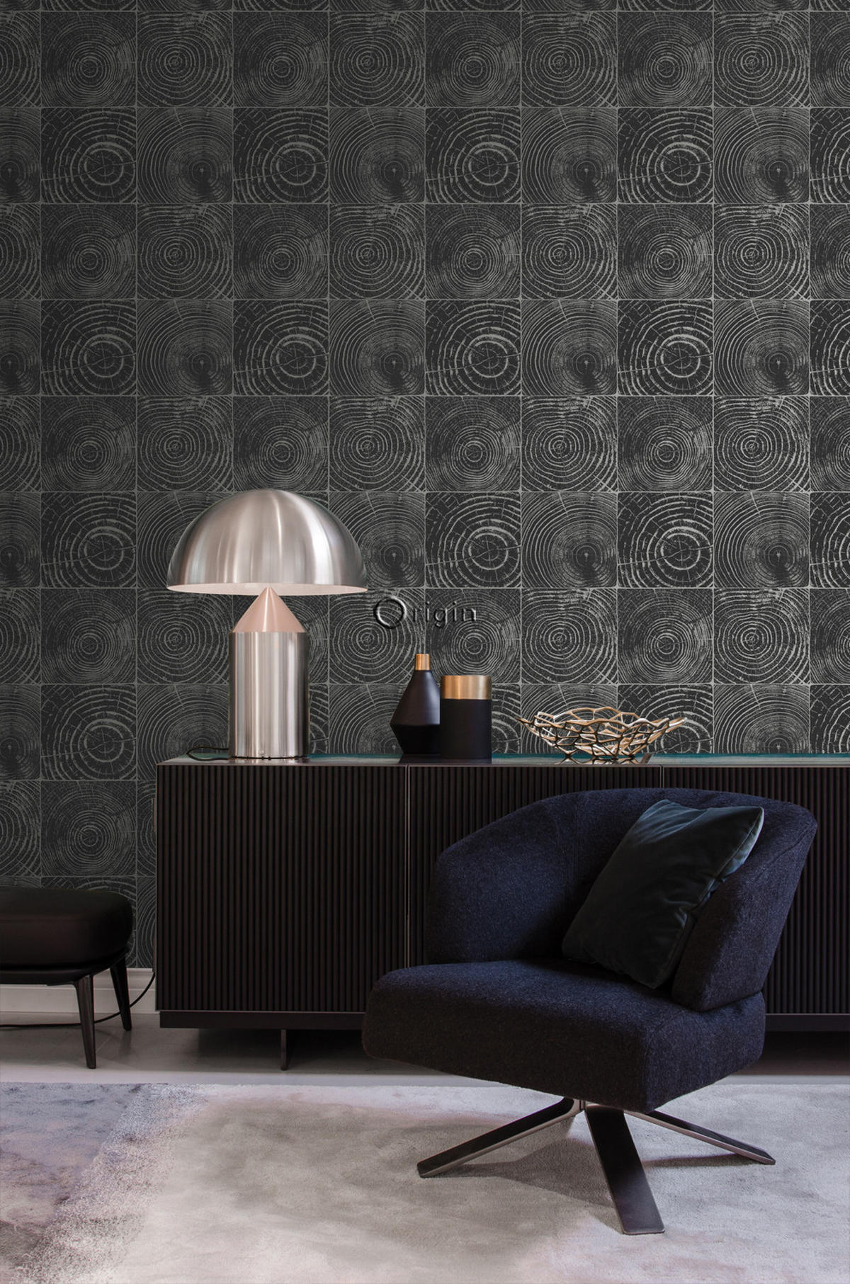 TAPETE Querschnitte von Baumstämmen 53 cm x 10.05 m - Schwarz, Papier (53/1000cm) - Origin Wallcoverings