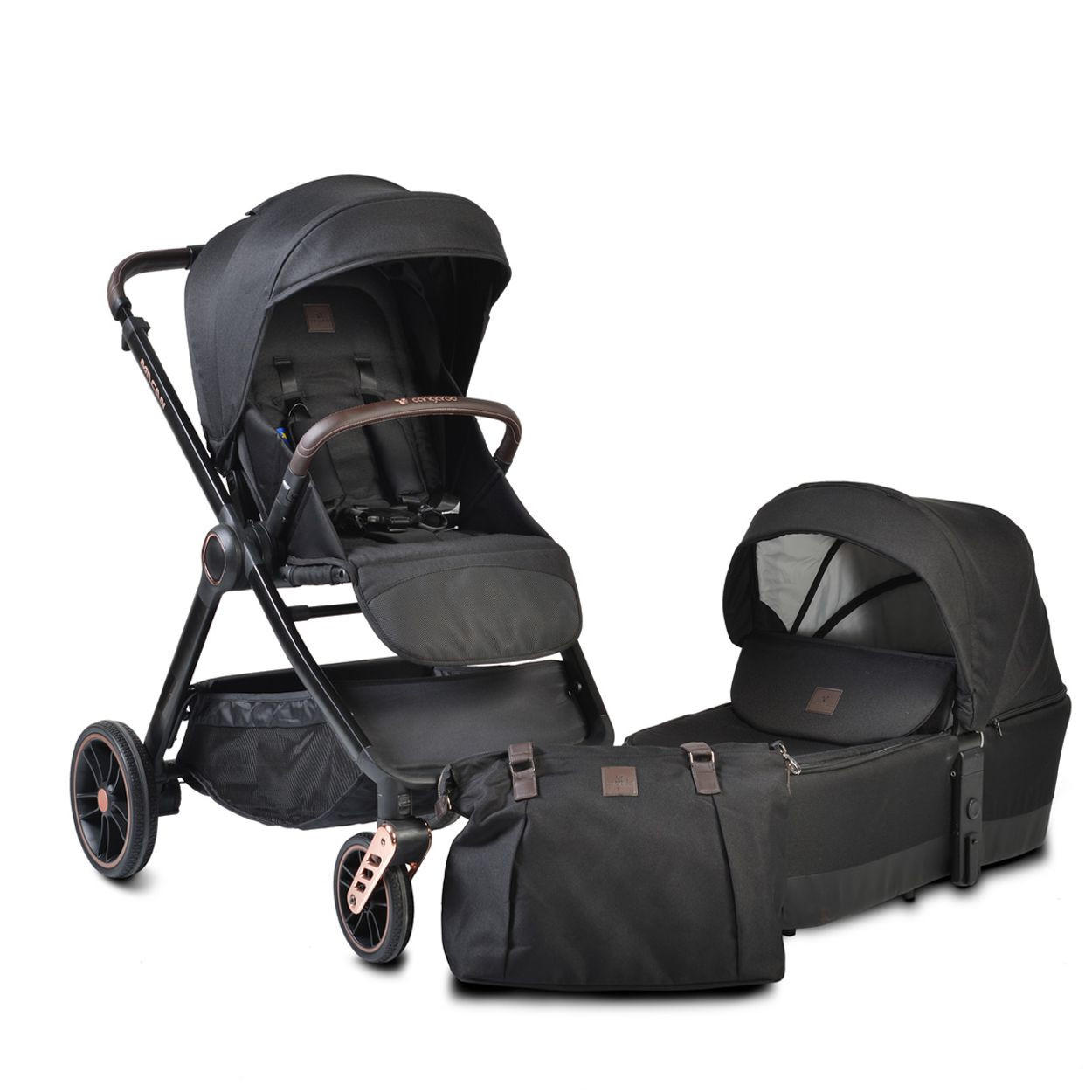 KOMBIKINDERWAGEN Macan 2 in 1 schwarz Babywanne Sportsitz Tasche PU-Räder Gurt - Schwarz, Metall (103/60/105cm) - Cangaroo