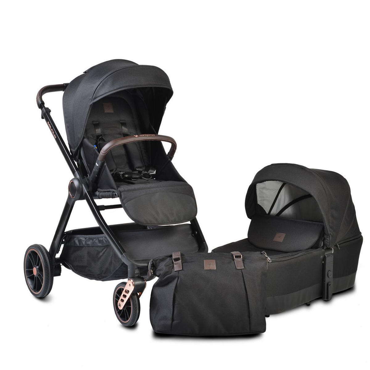KOMBIKINDERWAGEN Macan 2 in 1 schwarz Babywanne Sportsitz Tasche PU-Räder Gurt - Schwarz, Metall (103/60/105cm) - Cangaroo