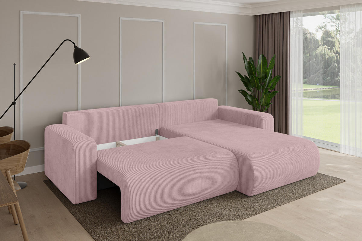 ROHOVÁ SEDAČKA s funkcí spaní, otoman vpravo BERY-L 276x193x88 růžová manšestr - růžová/černá, kompozitní dřevo/textil (276/193cm) - ALTDECOR