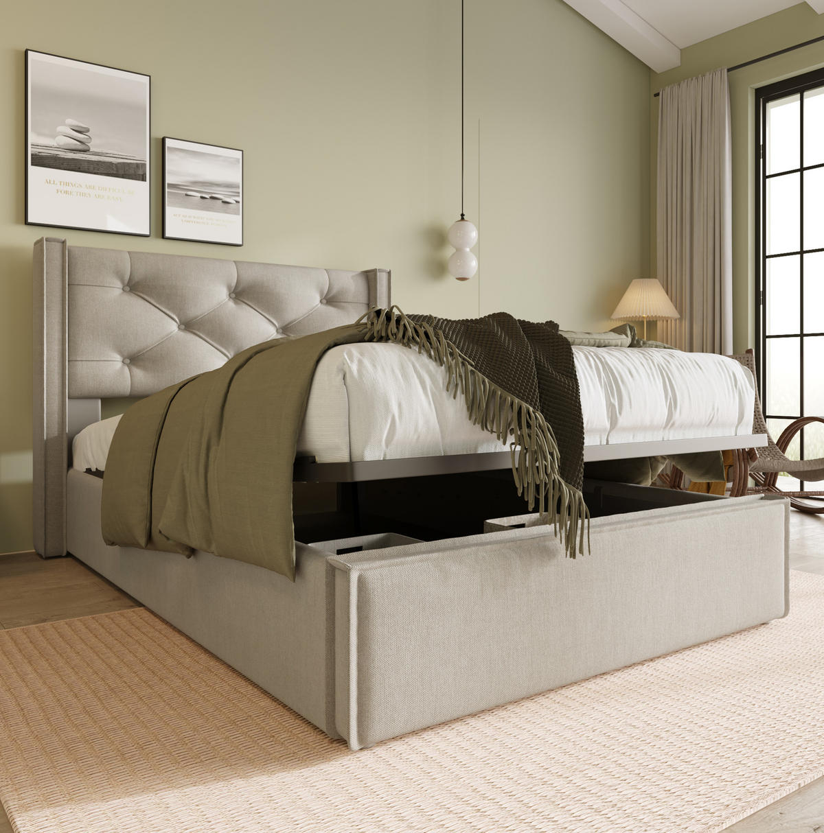POLSTERBETT mit Bettkasten 90x200 cm Hellgrau aus Baumwolle und Metall - Hellgrau, Textil (90/200cm) - IVMEU