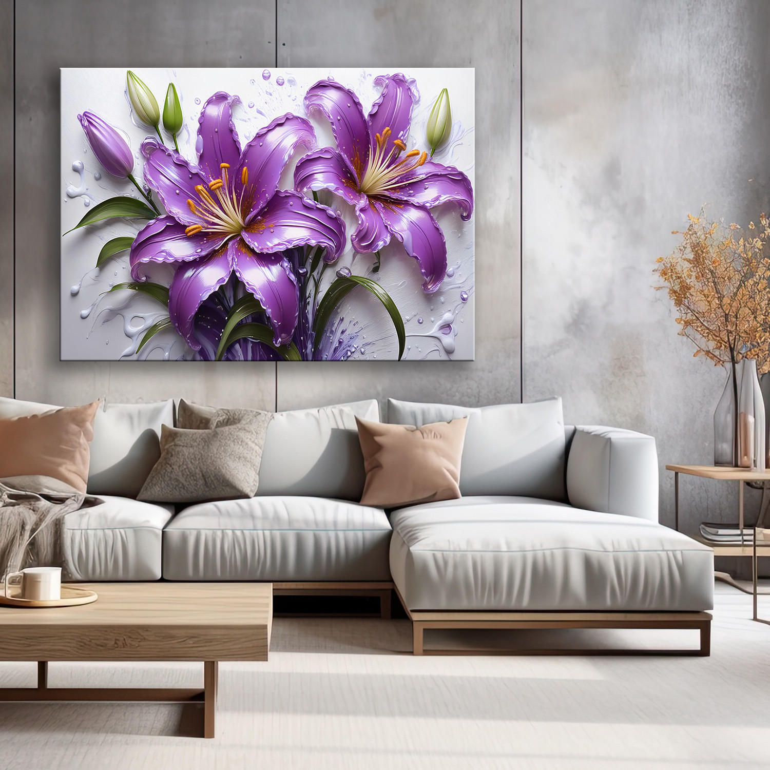 WANDBILD blumen lila lilien wassertropfen - Lila, Textil (60/40cm) - Feeby