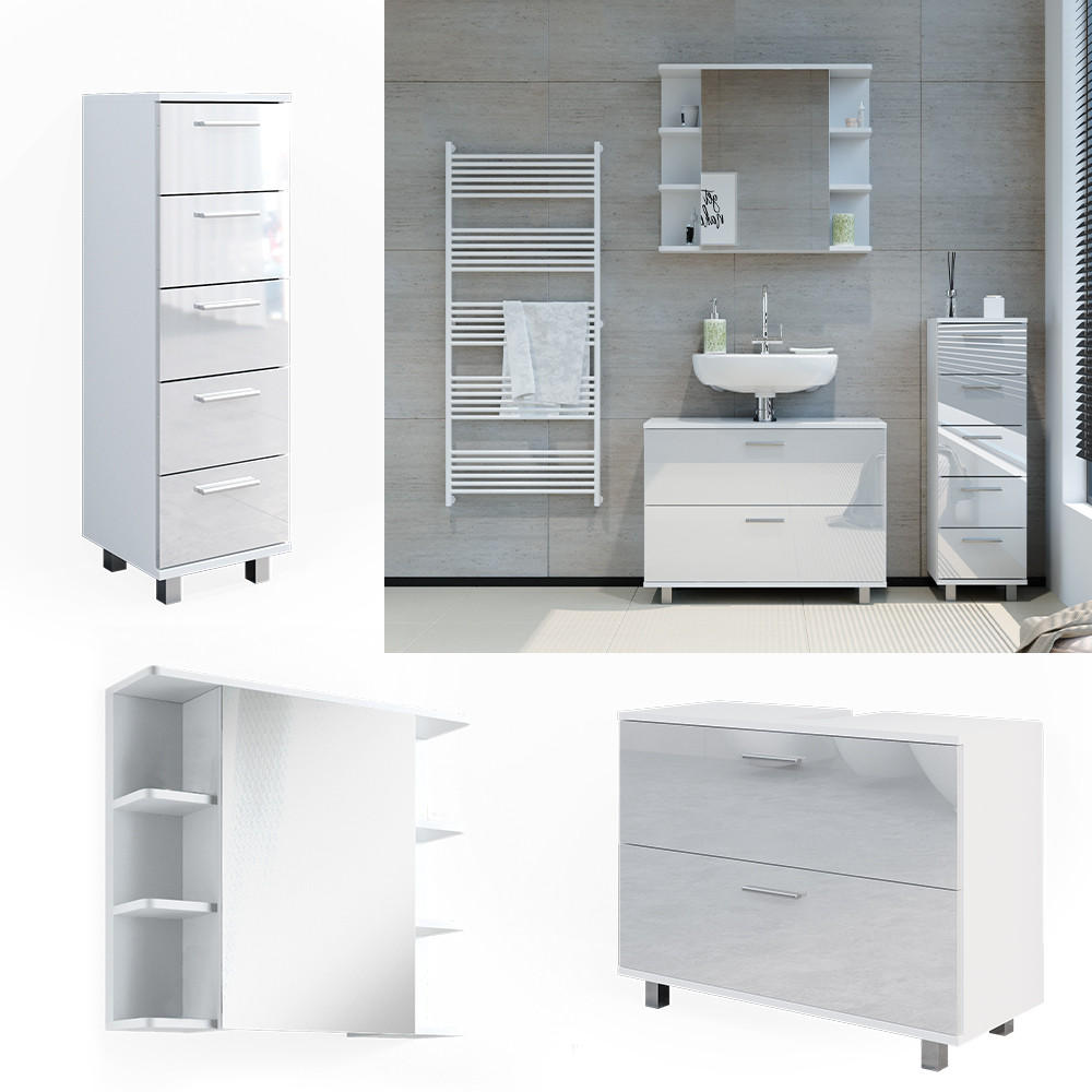 BADMÖBEL-SET Ilias Weiß Hochglanz 3 Teile, mit Unterschrank 80 cm - Weiß Hochglanz, Holzwerkstoff (80/60/33cm) - Vicco