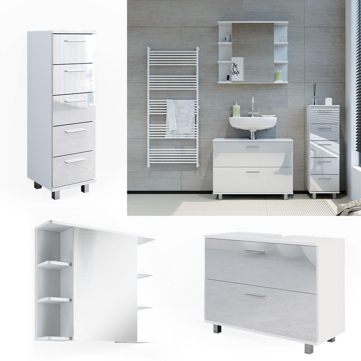 BADMÖBEL-SET Ilias Weiß Hochglanz 3 Teile, mit Unterschrank 80 cm - Weiß Hochglanz, Holzwerkstoff (80/60/33cm) - Vicco