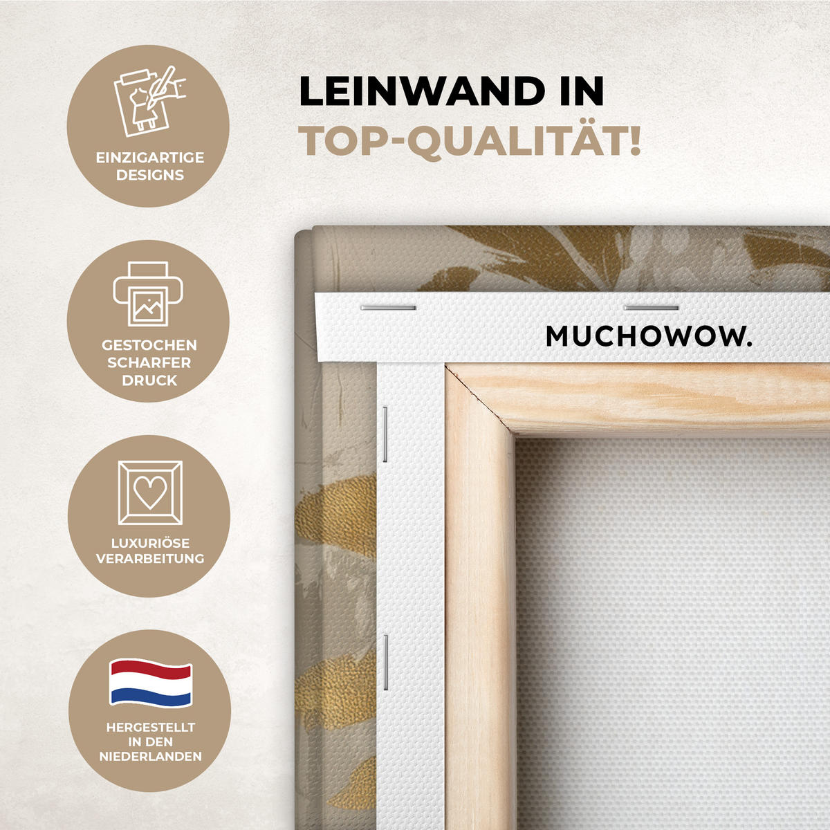 LEINWANDBILD Gesicht - Frau - Blätter - Gold Wandbild Wohnzimmer 60x80 cm - Beige, Textil (60/80cm) - MuchoWow