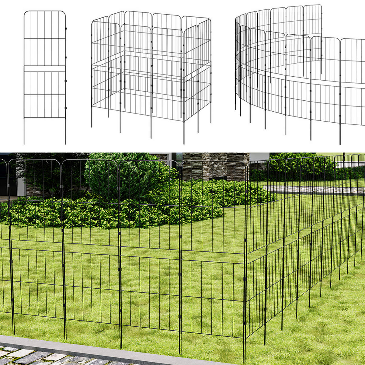 GARTENZAUN 10 Stück aus Metall in Schwarz Abnehmbares Design Robuste Metallkonstruktion je Paneel: 31 cm B × 96 cm H - Schwarz, Metall (31cm) - Livingandhome