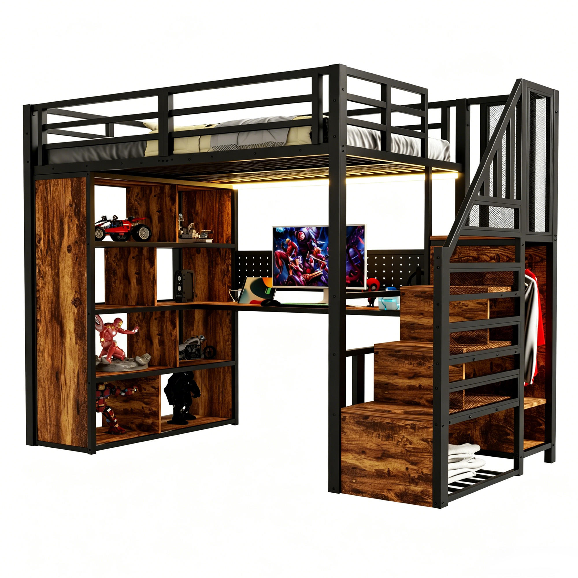 HOCHBETT mit Schreibtisch 90x200 cm Metall Holz Schwarz - Schwarz, Metall (90/200cm) - Meubliv
