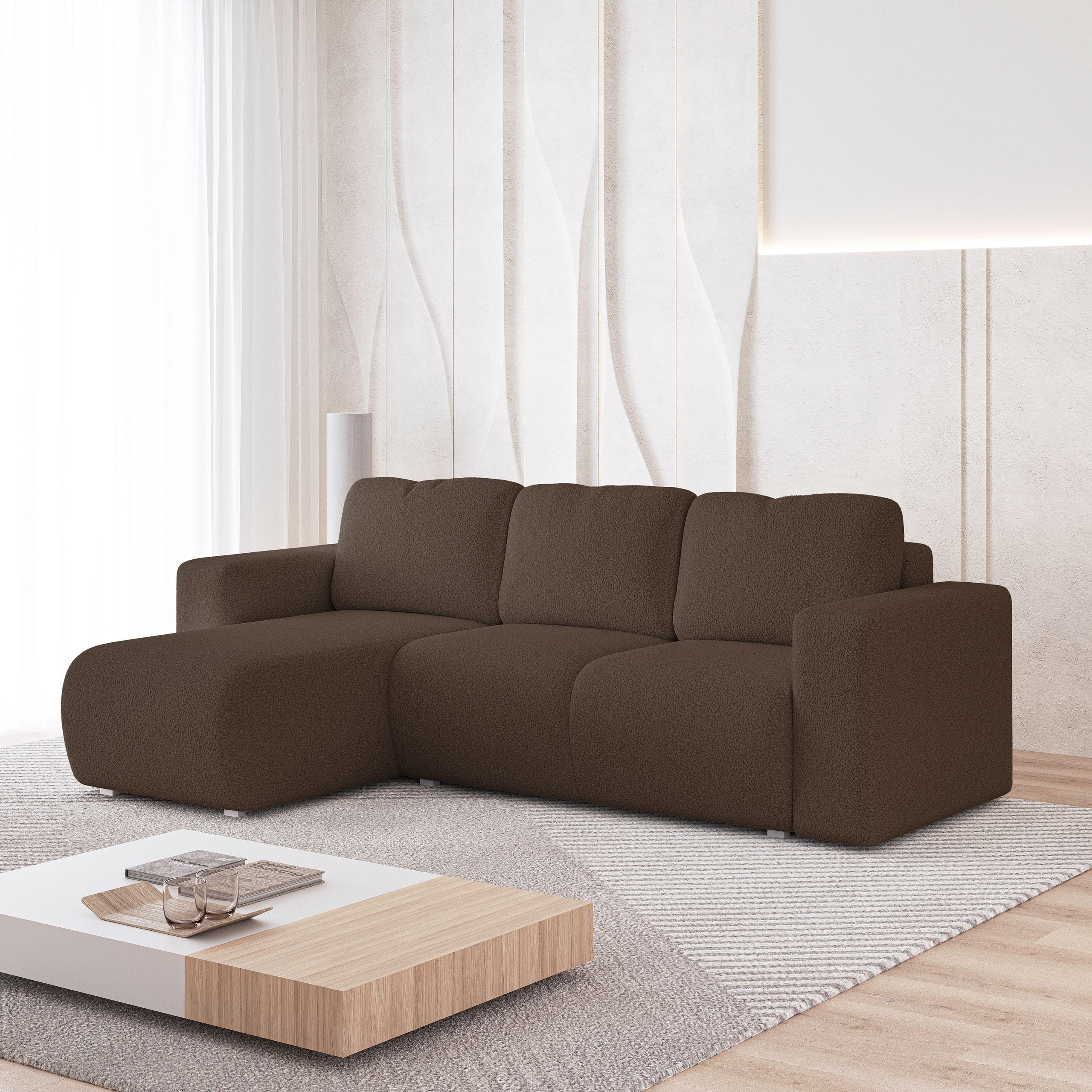 ECKSOFA RINOVA Braun Boucle-Stoff mit Schlaffunktion - Braun, Holz (250/143cm) - MASSENO