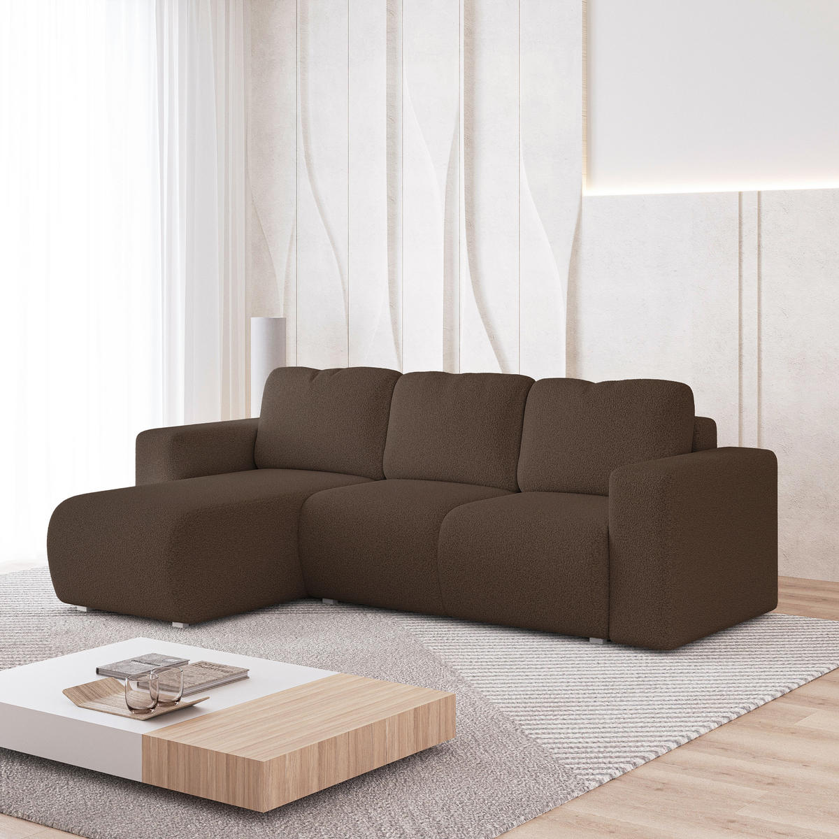 ECKSOFA RINOVA Braun Boucle-Stoff mit Schlaffunktion - Braun, Holz (250/143cm) - MASSENO