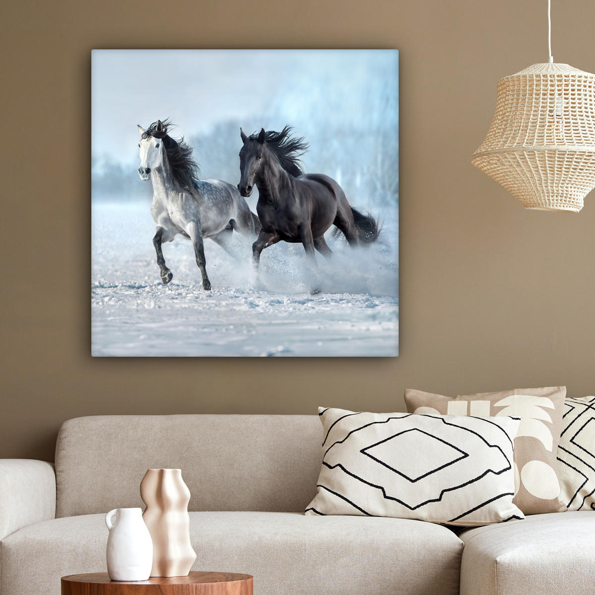 LEINWANDBILD Pferde - Winter - Tiere - Natur - Schnee 90x90 cm - Anthrazit, Textil (90/90cm) - MuchoWow