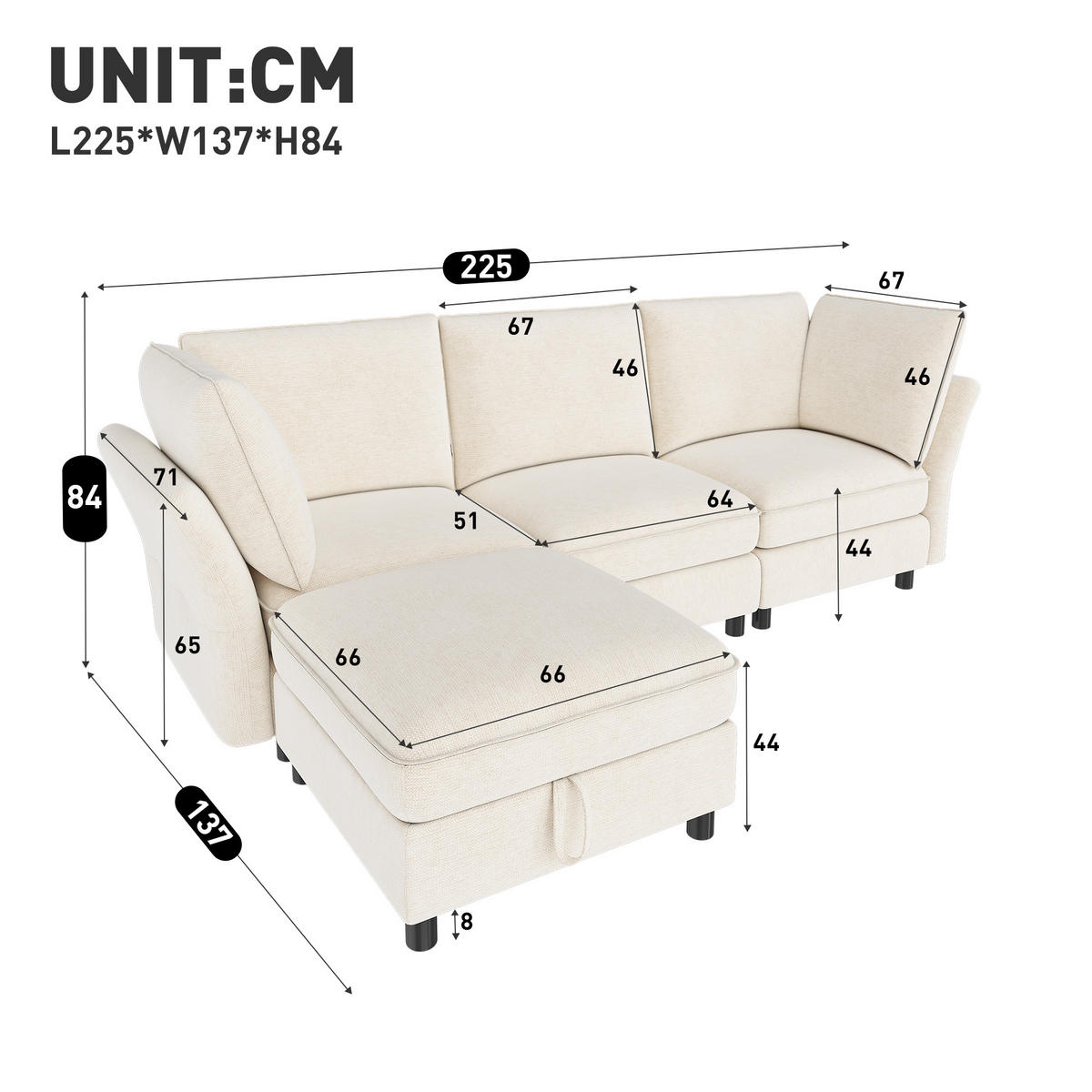KUTNA SOFA s 4 sjedala u bež boji s tabureom sa spremnikom, od šenila - bež/crna, drvni materijal/tekstil (225/137cm) - CHICFURN