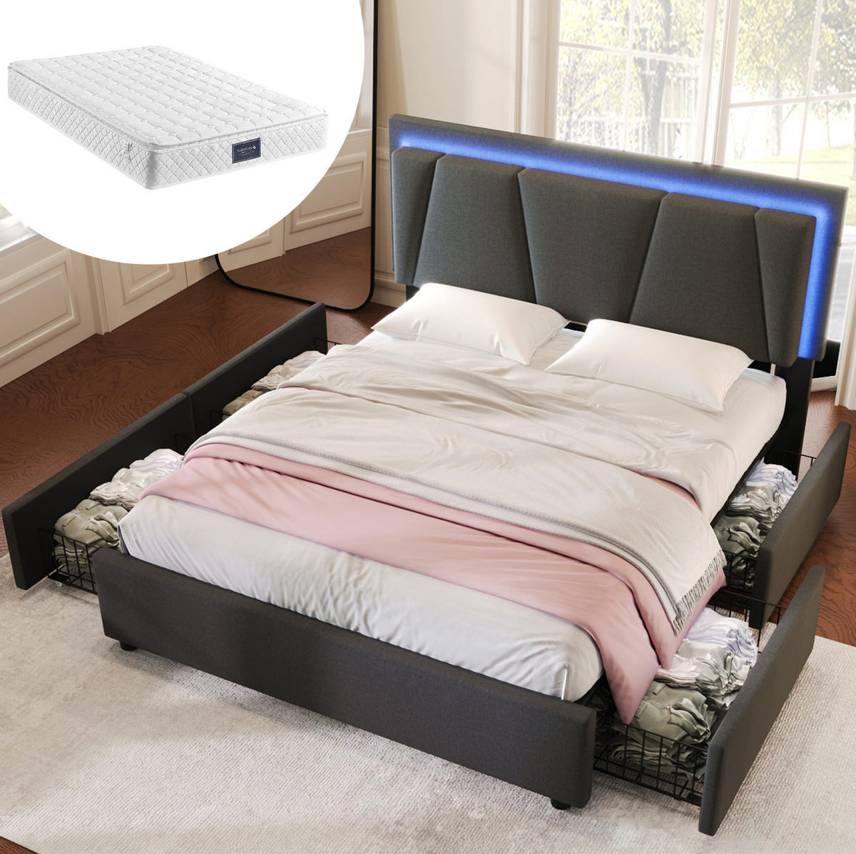 POLSTERBETT aus Holz 160x200 cm Grau mit LED-Beleuchtung, 4 Schubladen und Matratze - Grau, Textil (160/200cm) - IVMEU
