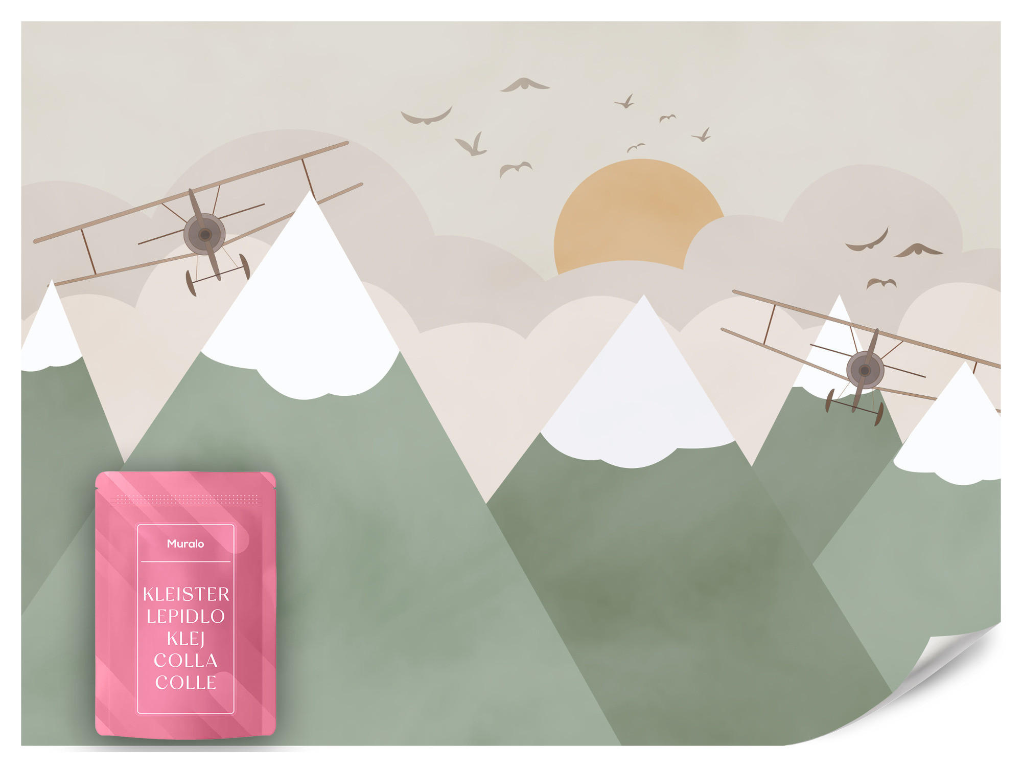 FOTOTAPETE für Kinderzimmer Berge Flugzeuge Wolken 100x70 - Beige/Orange, Papier (100/70cm) - Muralo