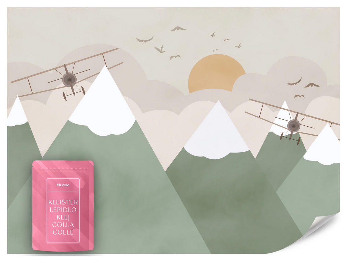 FOTOTAPETE für Kinderzimmer Berge Flugzeuge Wolken 300x210 - Beige/Orange, Papier (300/210cm) - Muralo