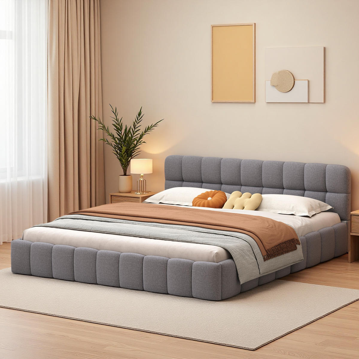 POLSTERBETT 160x200 cm Bubble Design Lattenrost Rückenlehne Leinen grau - Grau, Holz (160/200cm) - LEBENLANG