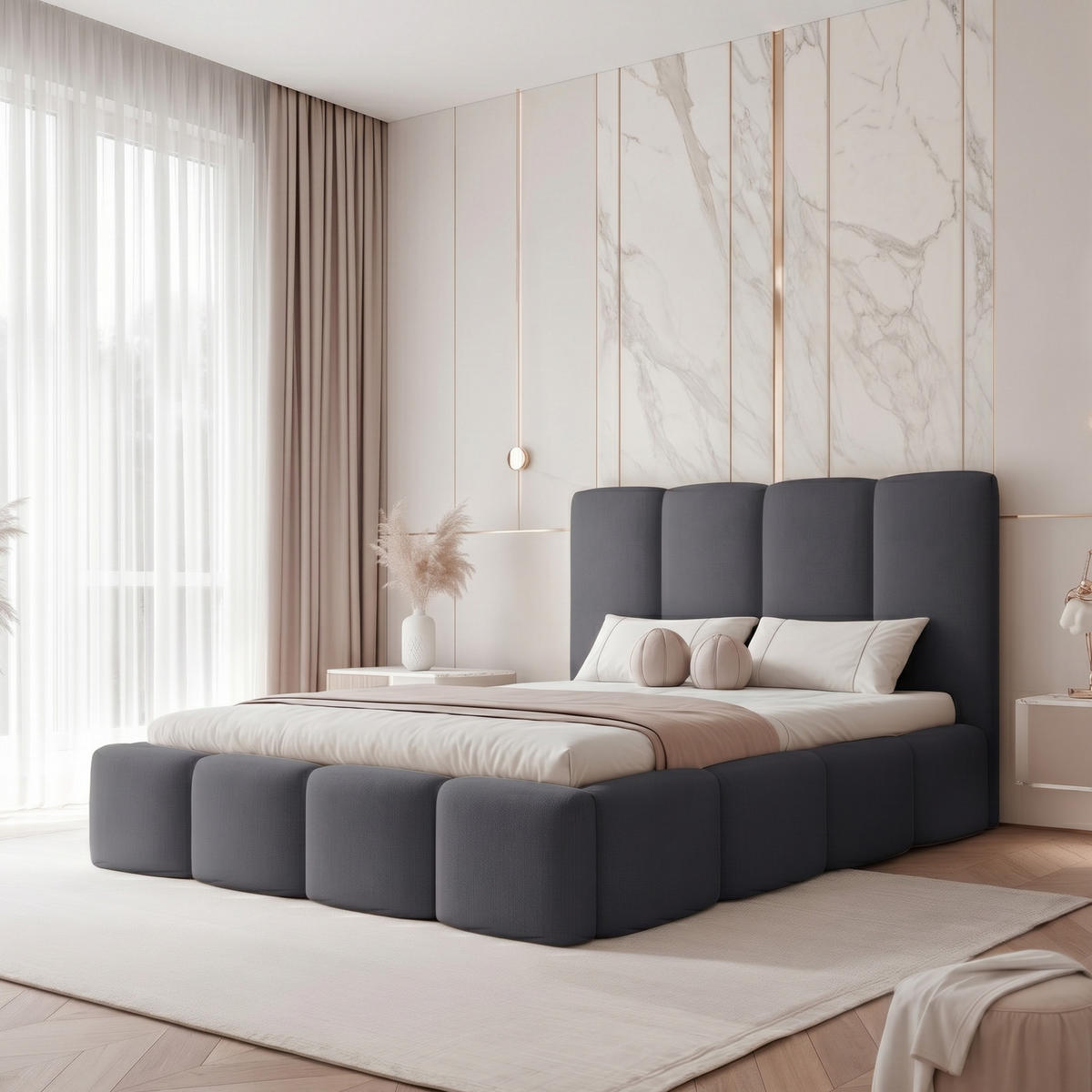POLSTERBETT LANDARE 140x200 cm Dunkelgrau Samt (Stoff Jasmine) - mit Bettkasten und Lattenrost - Dunkelgrau, Holzwerkstoff/Textil (140/200cm) - Ravio