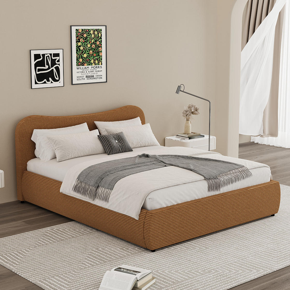 BETT PLANO in Braun mit Bettkasten, 160 × 200 cm, mit Cordbezug - Braun, Holz (160/200cm) - Concept Usine