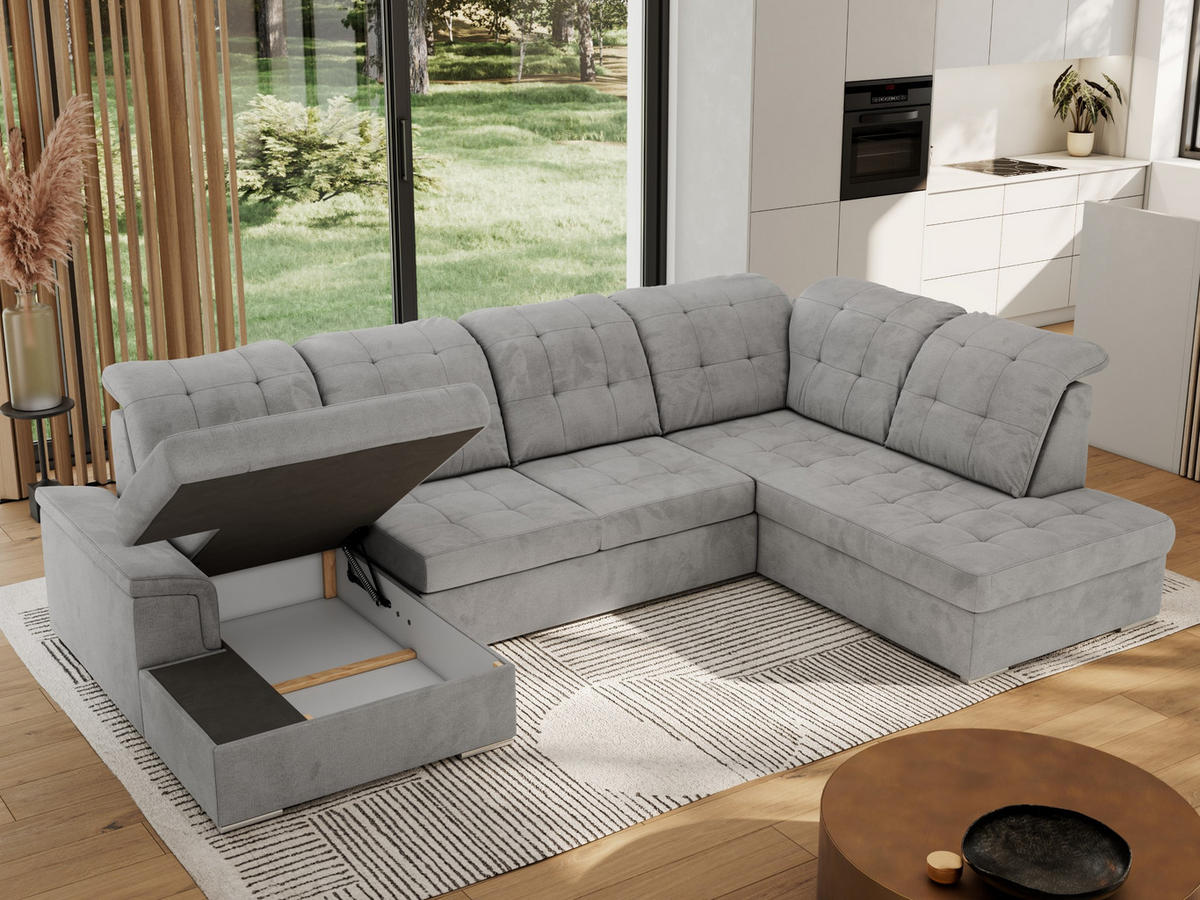 WOHNLANDSCHAFT MADRITO U - Hellgrau Velorus - Rechts - Silberfarben/Hellgrau, Textil/Metall (323/89/204cm) - MKS