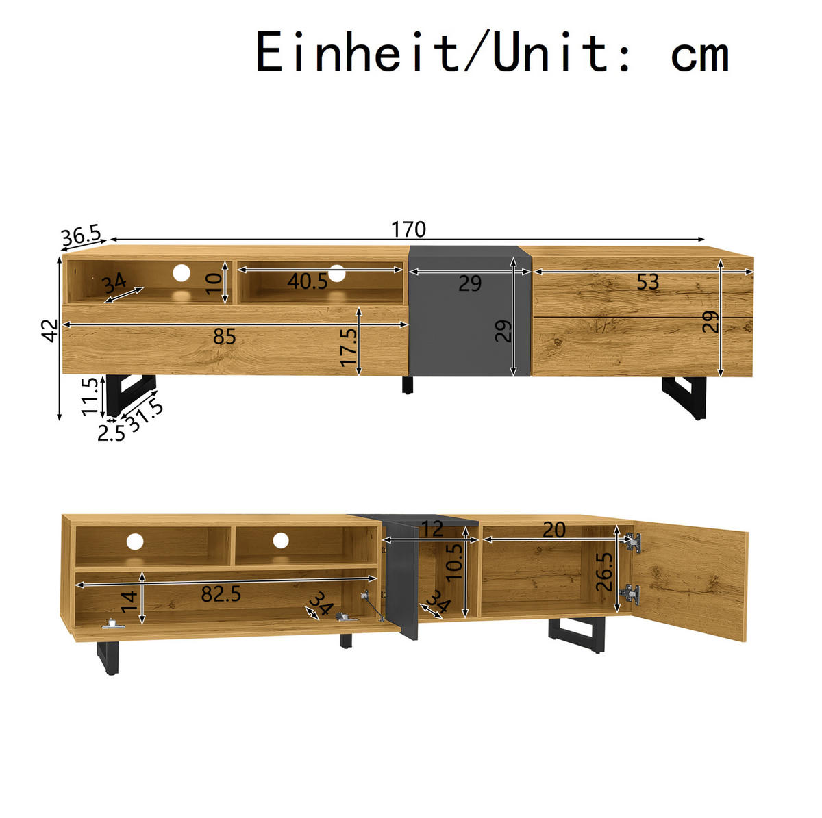 COLORBLOCK-TV-SCHRANK, Holzfarbe und Dunkelgrau 170/36.5/42 cm - Eichefarben, Holzwerkstoff (170/42/36.5cm) - Redom
