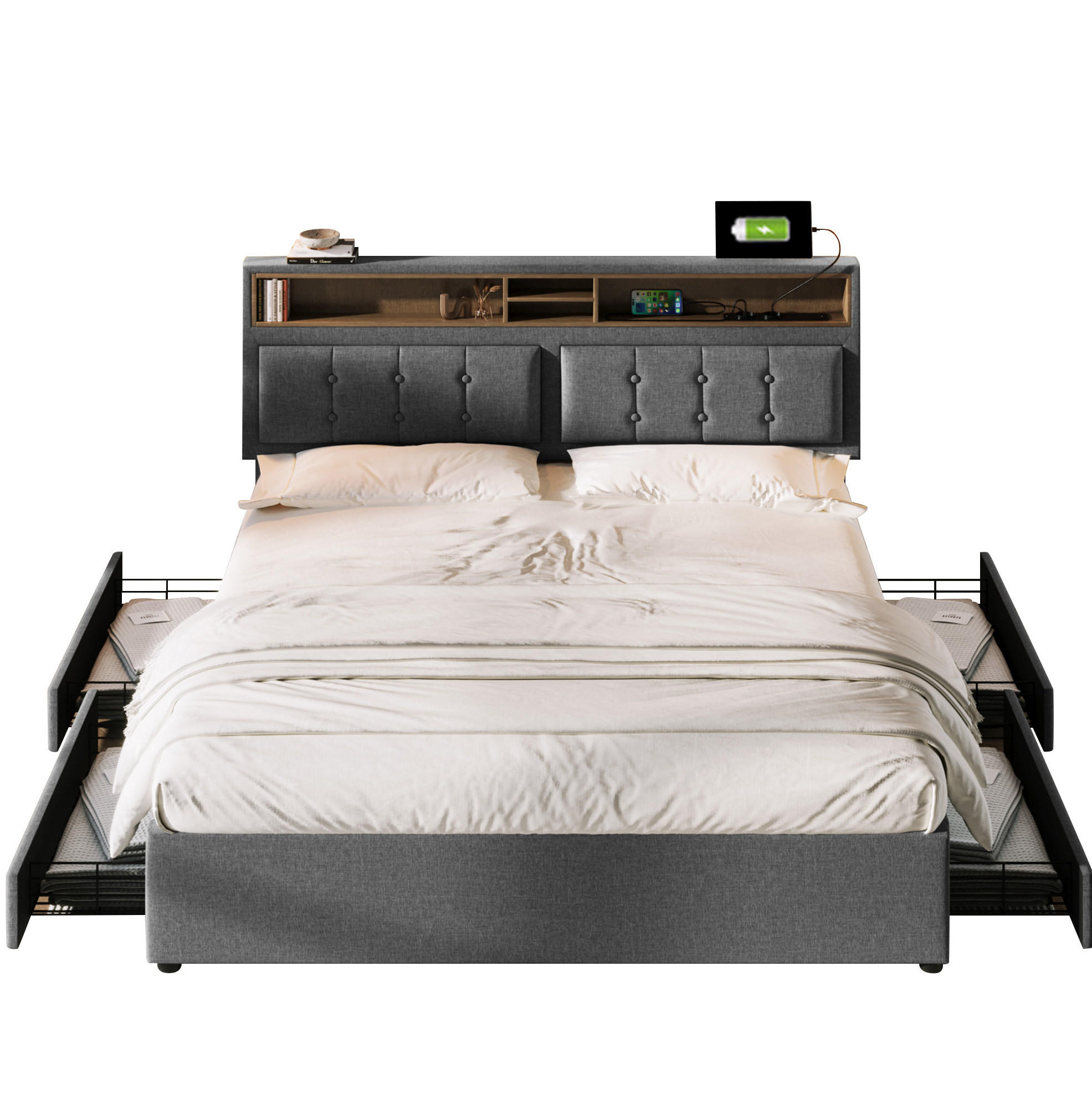 Modfu ČALOUNĚNÁ postel z lněné tkaniny 140x200 cm šedá s nastavitelným čelem, USB-C a úložným prostorem