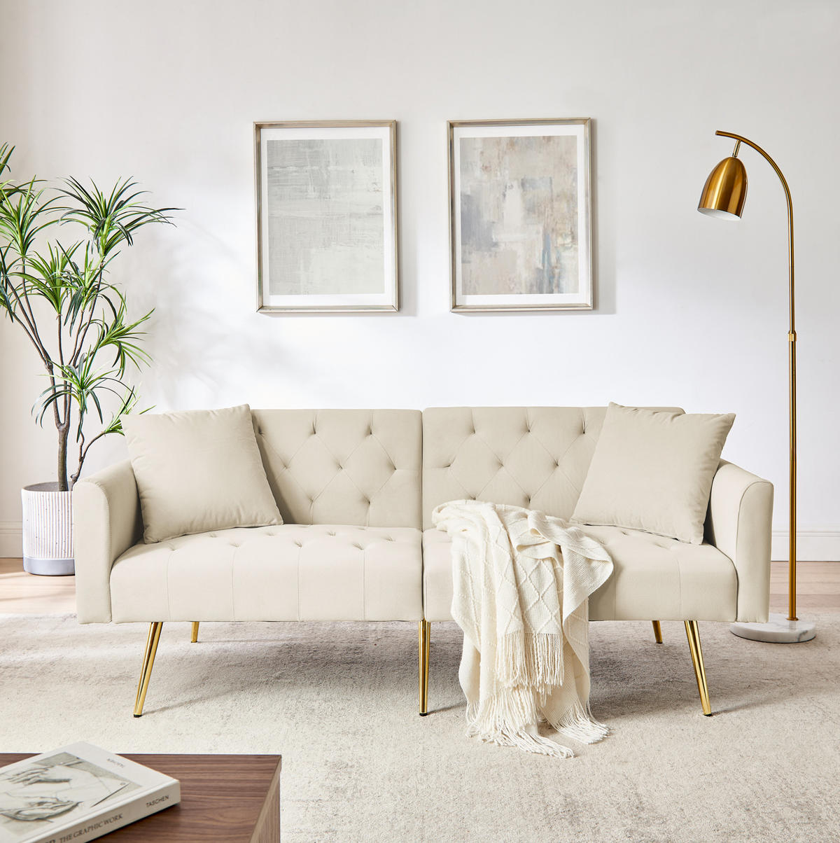 SOFA mit verstellbarer Rückenlehne 2-Sitzer Beige Samt - Beige, Holzwerkstoff (177/74/78cm) - Meubliv