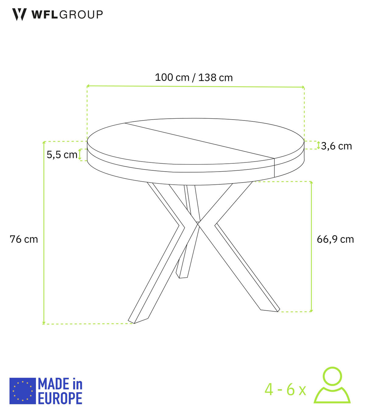 ESSTISCH Velma runder ausziehbarer, Lancelot Eiche 100-140/100/76 cm - Eichefarben/Schwarz, Holzwerkstoff/Metall (100/100/76cm) - WFL GROUP