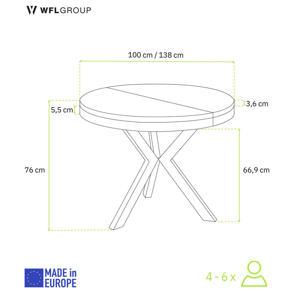 Thumbnail - WFL Group Esstisch, Weiß, Holzwerkstoff, 6-Sitzer, Rund,Rund, 100x76x100 cm, Esszimmer, Tische, Esstische